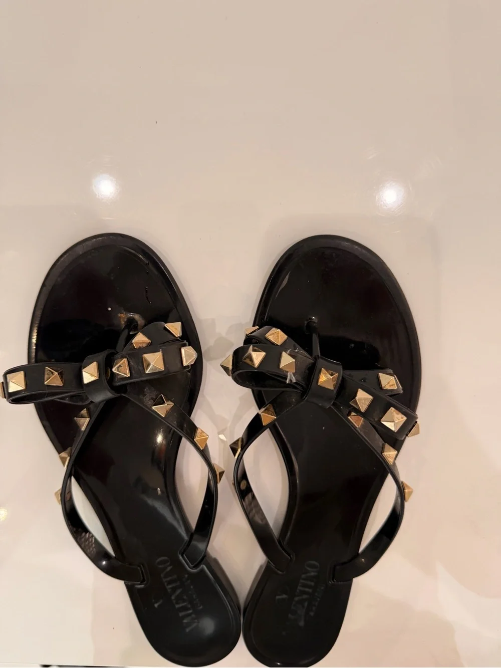 Valentino Black Jelly Bow Sandals with Gold Rockstuds